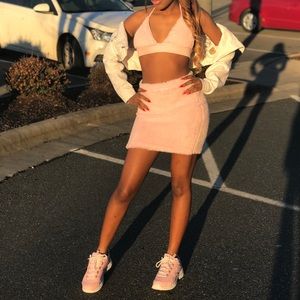 Two piece fuzzy skirt set